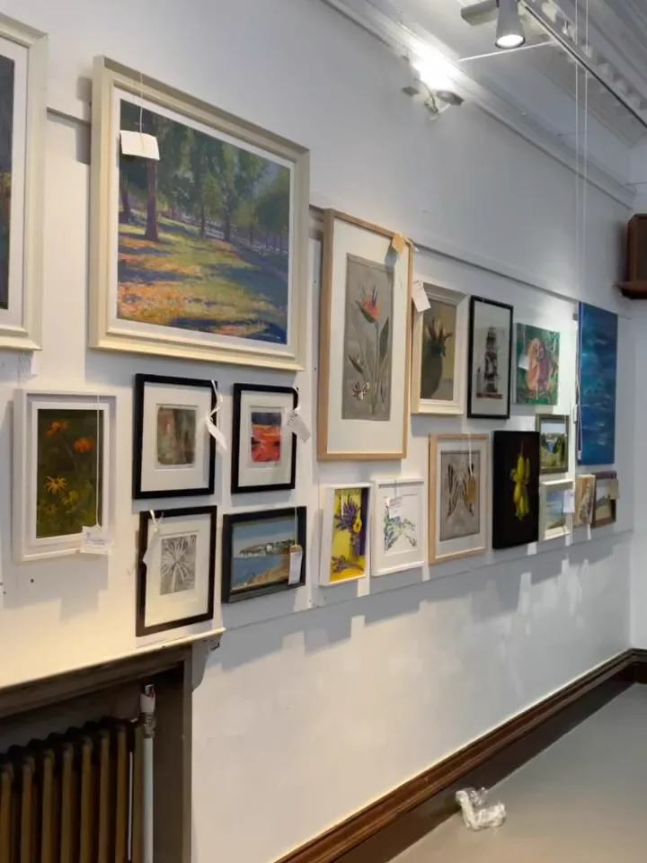 Paintings hanging at the SoFAP Autumn Exhibition in Fulham Library