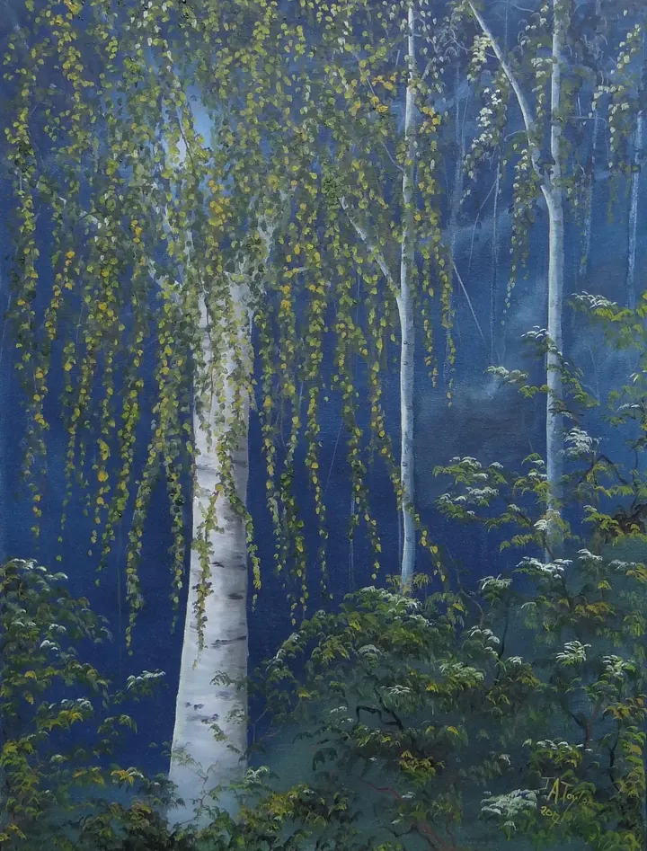 Birch in Moonlight (2018), oil on canvas by Julia Anne Taylor